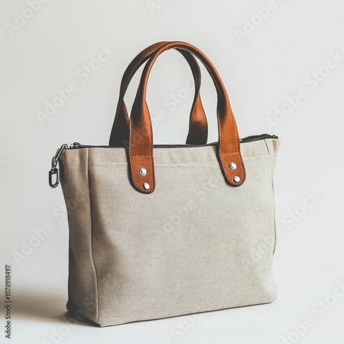 Beige canvas bag with leather handles.