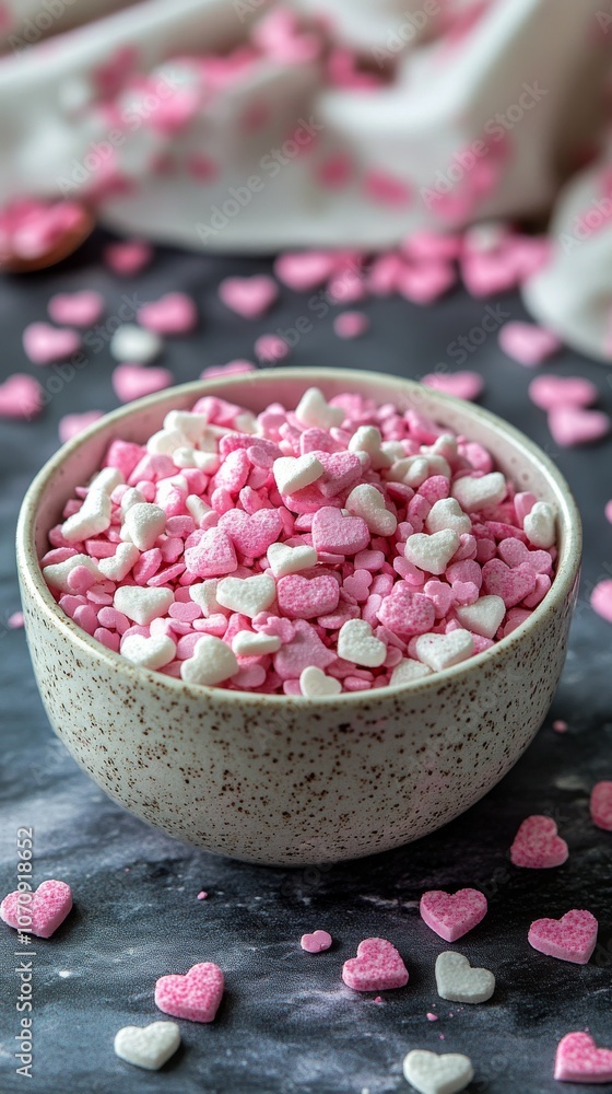 Heart shaped sprinkles in a wooden bowl with colorful decorations scattered on a marble surface Heart shaped sprinkles in a wooden bowl with colorful decorations scattered on a marble surface