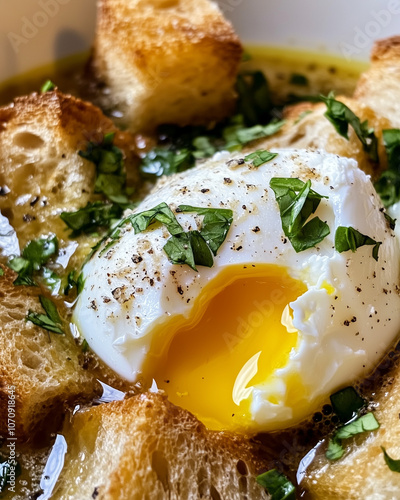 Açorda with poached egg, garlic broth, and fresh herbs photo