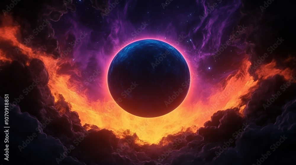 A dark blue planet surrounded by fiery orange clouds in a vast, starry sky. A dark blue planet surrounded by fiery orange clouds in a vast, starry sky.