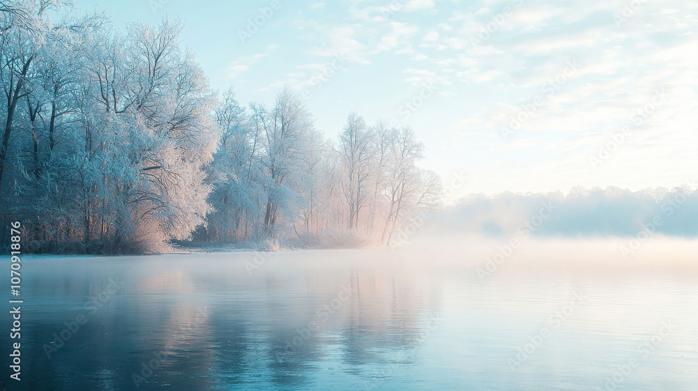 Fototapeta premium A thin layer of foggy smoke interlaced with delicate frost crystals, drifting over a frozen lake, with soft white and light blue hues creating an ethereal winter look.