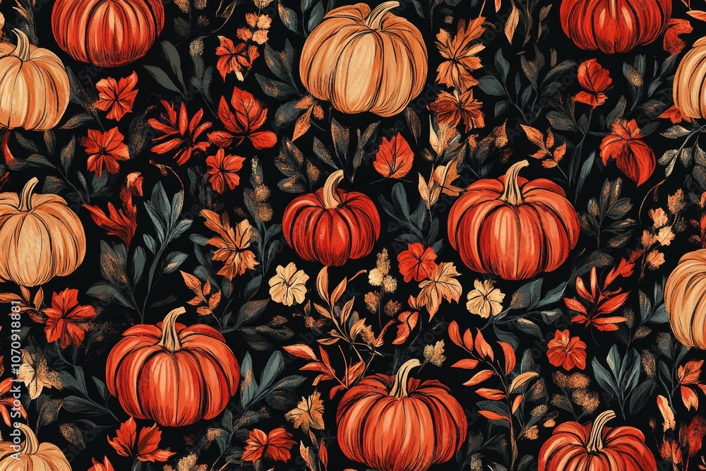 A vibrant design featuring pumpkins and flowers on a dark background A vibrant design featuring pumpkins and flowers on a dark background