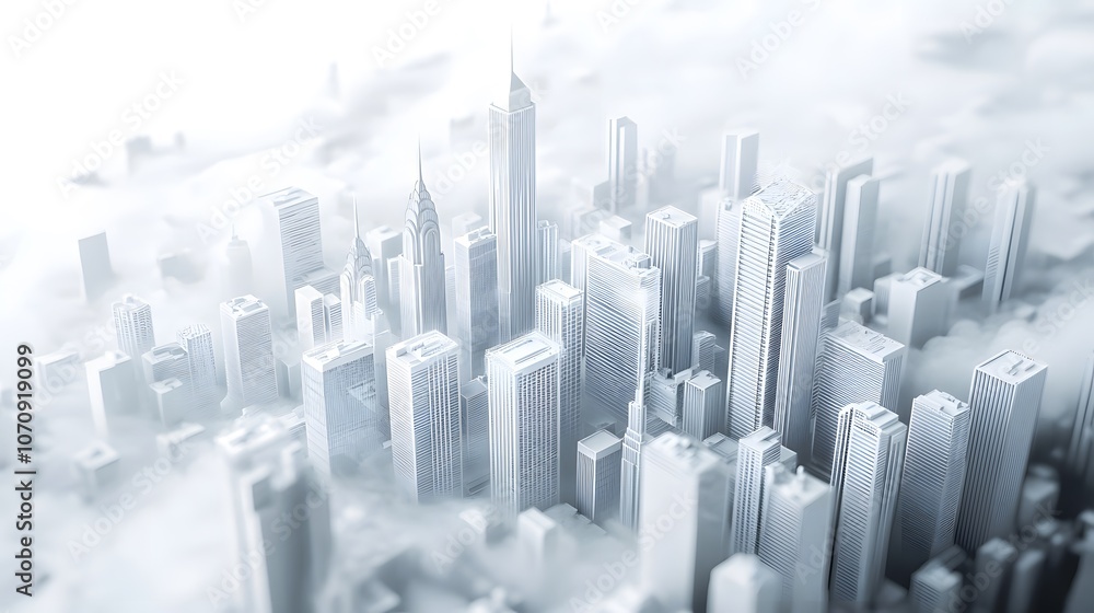 Fototapeta premium Skyscrapers in the clouds, cityscape, skyline, white background, futuristic architecture, city of the future