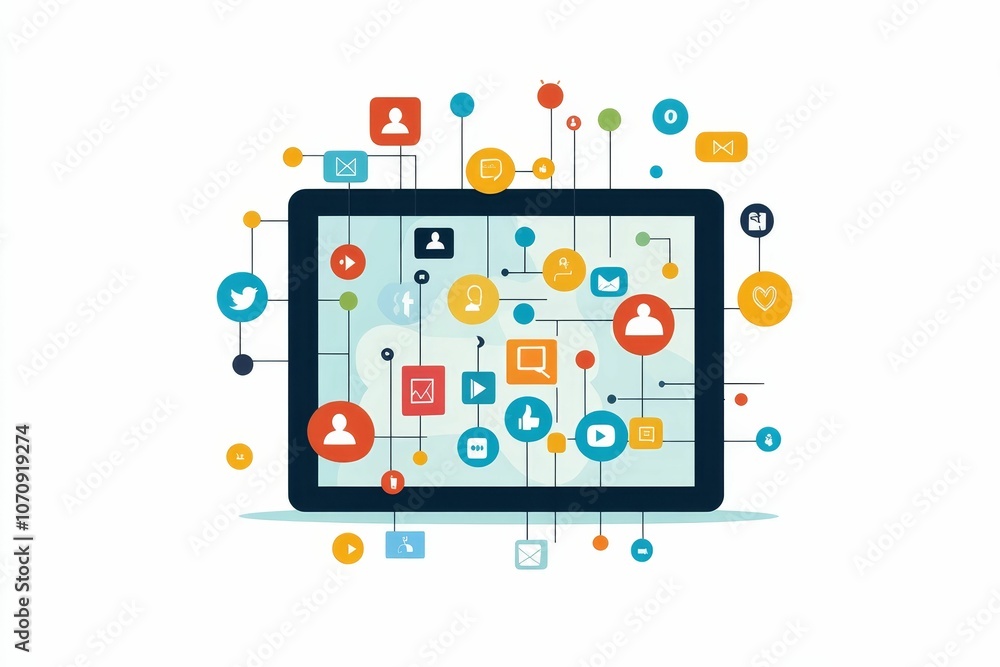 Social media icons connected to tablet screen. Social media icons connected to tablet screen.