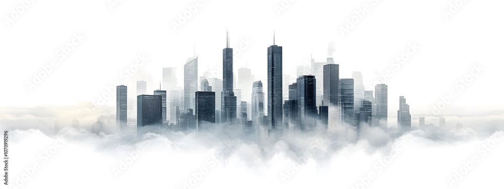 Fototapeta premium Skyscrapers in the clouds, cityscape, skyline, white background, futuristic architecture, city of the future