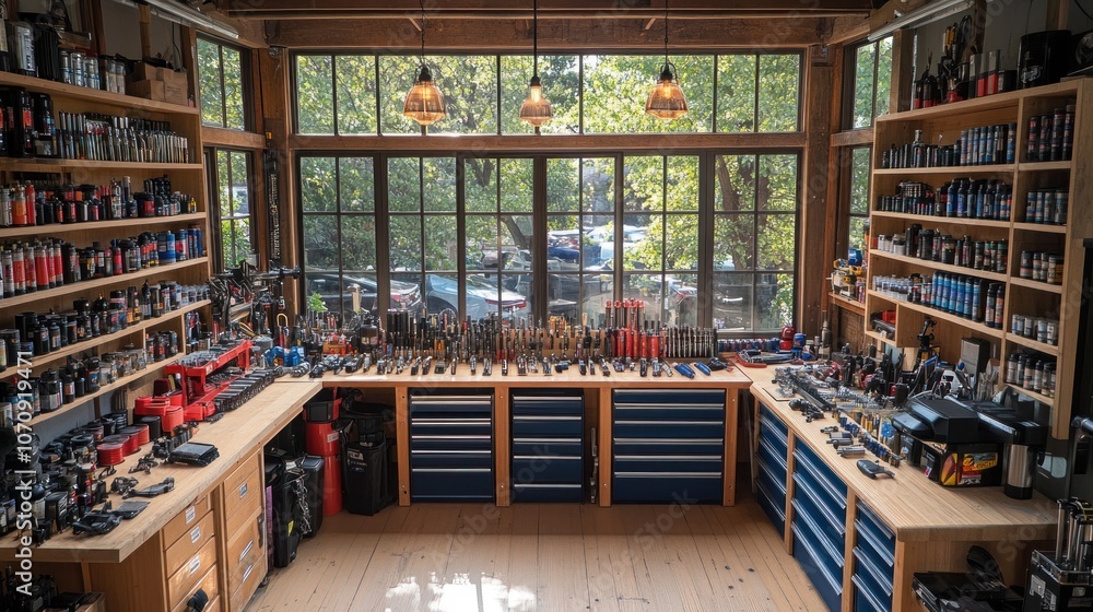 Well-organized workshop with wooden shelves and tools. Well-organized workshop with wooden shelves and tools.