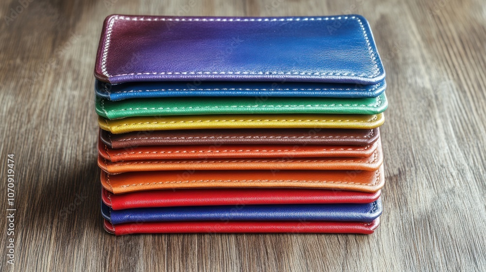 A stack of colorful leather wallets arranged neatly on a wooden surface. A stack of colorful leather wallets arranged neatly on a wooden surface.