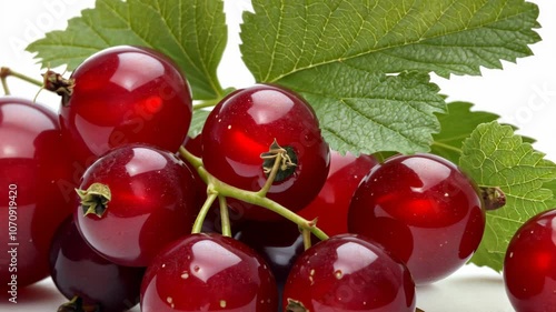 A cluster of ripe red currants with a single green leaf on a white background