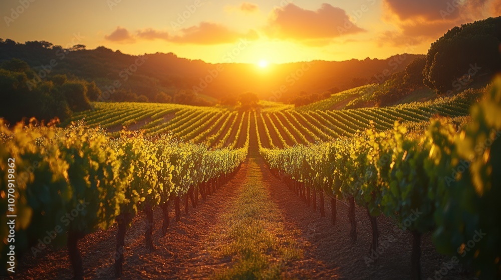 Fototapeta premium Golden Sunset Over Vineyard Rows