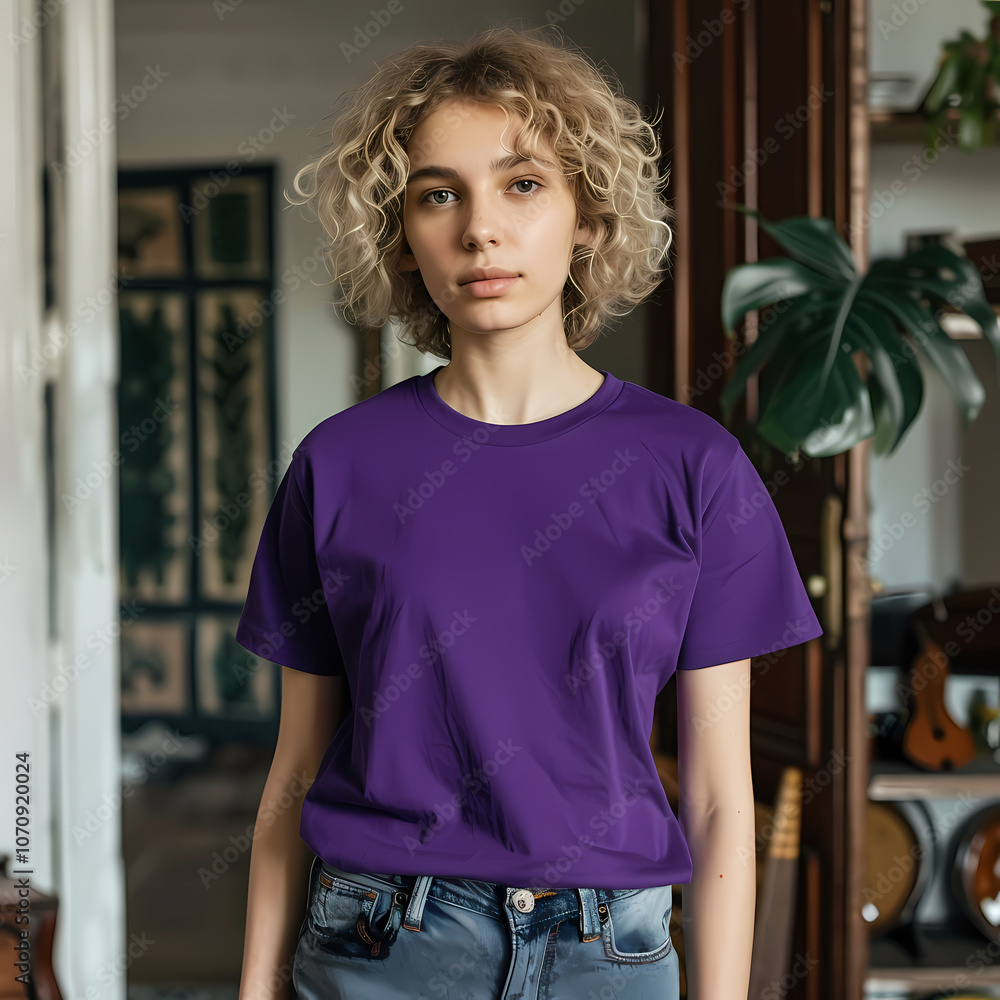 A young Caucasian woman with curly hair stands confidently in a stylish interior, wearing a vibrant purple t-shirt and casual jeans. A young Caucasian woman with curly hair stands confidently in a stylish interior, wearing a vibrant purple t-shirt and casual jeans.