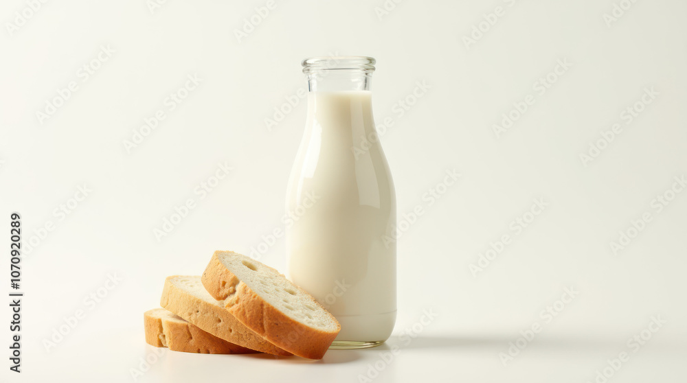 Close-up of a milk bottle with fresh bread slices on a white background Close-up of a milk bottle with fresh bread slices on a white background