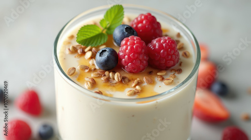 Wallpaper Mural Delicious yogurt topped with honey, fresh berries, and seeds in a glass Torontodigital.ca