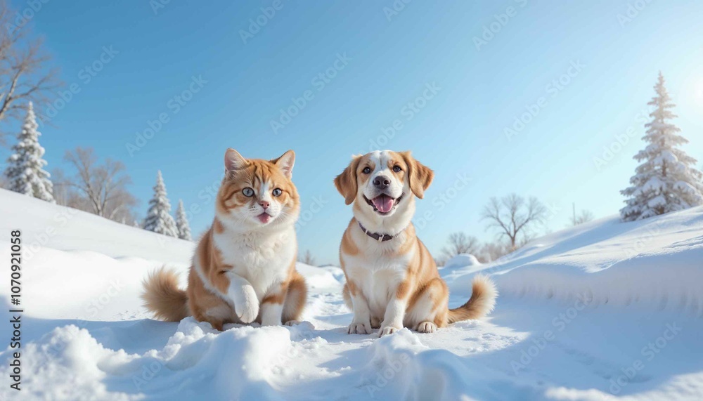 Fluffy cat and playful dog sitting together on a snow-covered hillside, serene and joyful atmosphere Fluffy cat and playful dog sitting together on a snow-covered hillside, serene and joyful atmosphere