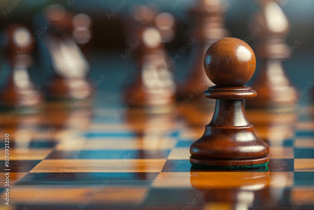 Chess pawn in the forefront, symbolizing leadership, with other pieces blurred in the background Chess pawn in the forefront, symbolizing leadership, with other pieces blurred in the background