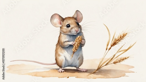 Cute mouse holding a wheat stalk in its paws, standing on a light background, watercolor illustration