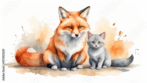 Cute fox and gray kitten sitting together with a playful mood and watercolor splashes