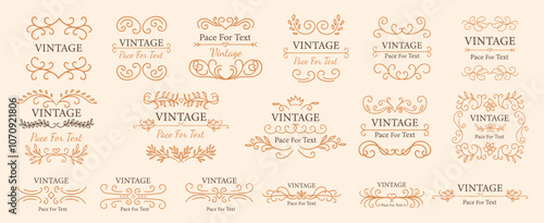 Vintage frames and decorative text dividers, monogram patterns, plant elements for design. Handmade style.