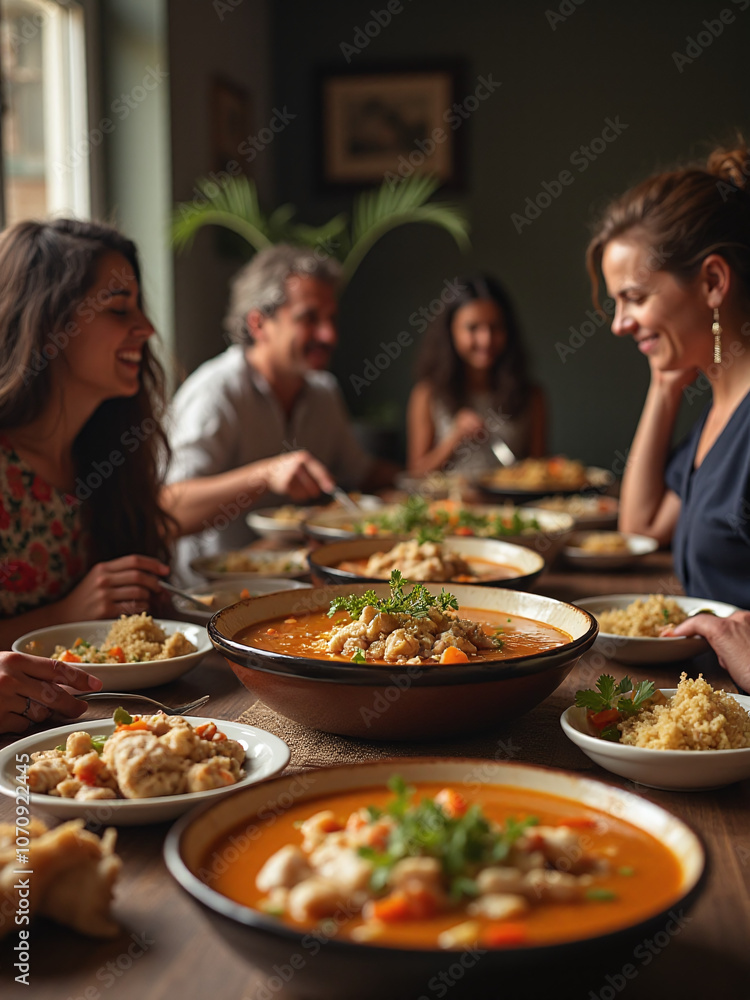 tiracial family gathered around a table to enjoy a traditional Chilean meal of hearty soup made with chicken and vegetables served in deep bowls tiracial family gathered around a table to enjoy a traditional Chilean meal of hearty soup made with chicken and vegetables served in deep bowls
