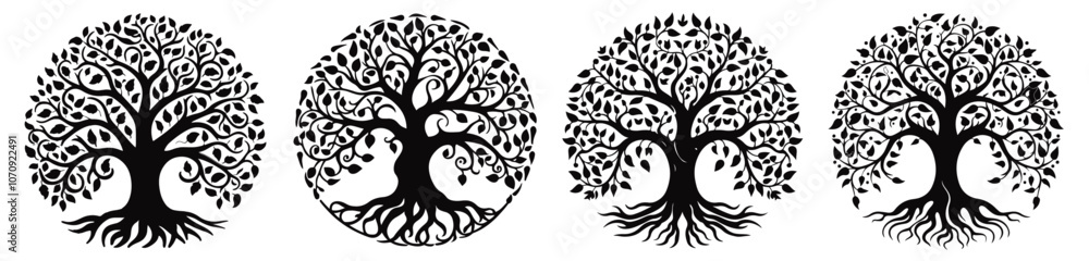 decorative tree of life silhouettes with roots, black vector art decorative tree of life silhouettes with roots, black vector art