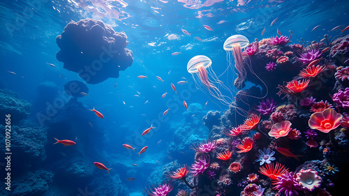 underwater scene with reef and fishes with geles photo