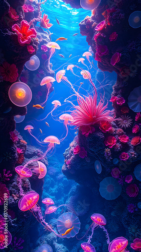 underwater scene with reef and fishes with geles photo