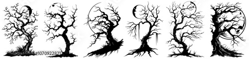 spooky tree silhouettes with twisted branches and moon elements, black vecto