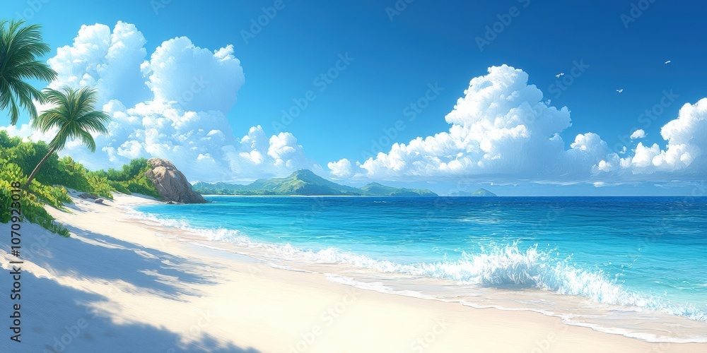 Fototapeta premium Tropical Beach Paradise with Palm Trees and Crystal Blue Ocean Waves Under Sunny Sky and Fluffy Clouds for Relaxation and Travel Inspiration