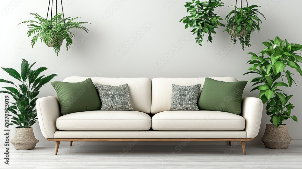White sofa with green plants in a minimalist living room. White sofa with green plants in a minimalist living room.