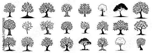 different types of deciduous trees, vector style tree silhouette icons