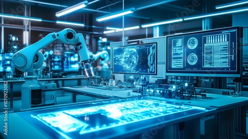 A futuristic laboratory with advanced robotic arms and holographic displays, showcasing the power of AI technology in industrial design and product development