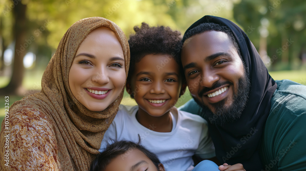 Portrait of a Happy Interracial Family with Children in a Park Portrait of a Happy Interracial Family with Children in a Park