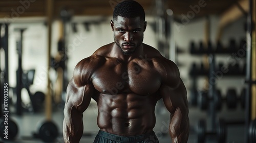 Confident Man Showcasing a Muscular Physique in Gym