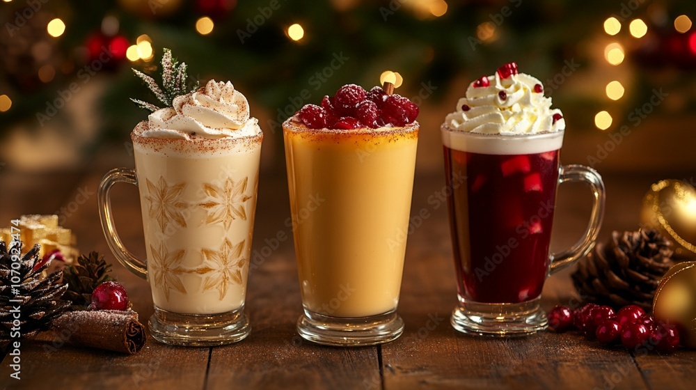 Festive holiday beverages in glass mugs: creamy eggnog with nutmeg, golden pumpkin latte topped with cranberries, and rich hot chocolate with whipped cream, surrounded by pine cones Festive holiday beverages in glass mugs: creamy eggnog with nutmeg, golden pumpkin latte topped with cranberries, and rich hot chocolate with whipped cream, surrounded by pine cones