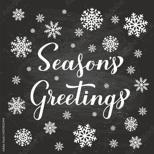Obraz na płótnie Seasons Greetings on chalkboard background with snowflakes. Christmas and New Year typography poster. Vector template for greeting card, banner, flyer, etc. w salonie