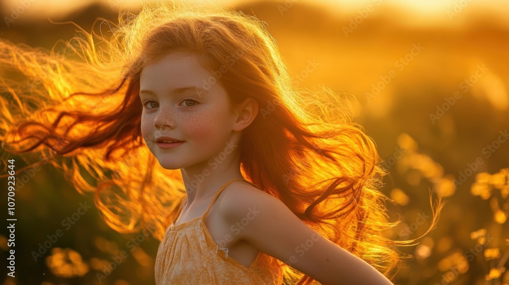 Red-haired girl running in a field at sunset, warm sunlight in the background Red-haired girl running in a field at sunset, warm sunlight in the background
