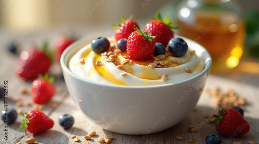 Delicious yogurt topped with fresh berries, honey, and crunchy seeds Delicious yogurt topped with fresh berries, honey, and crunchy seeds