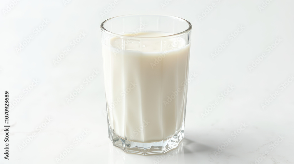 Close-up of a faceted glass filled with fresh milk on a clean white background Close-up of a faceted glass filled with fresh milk on a clean white background