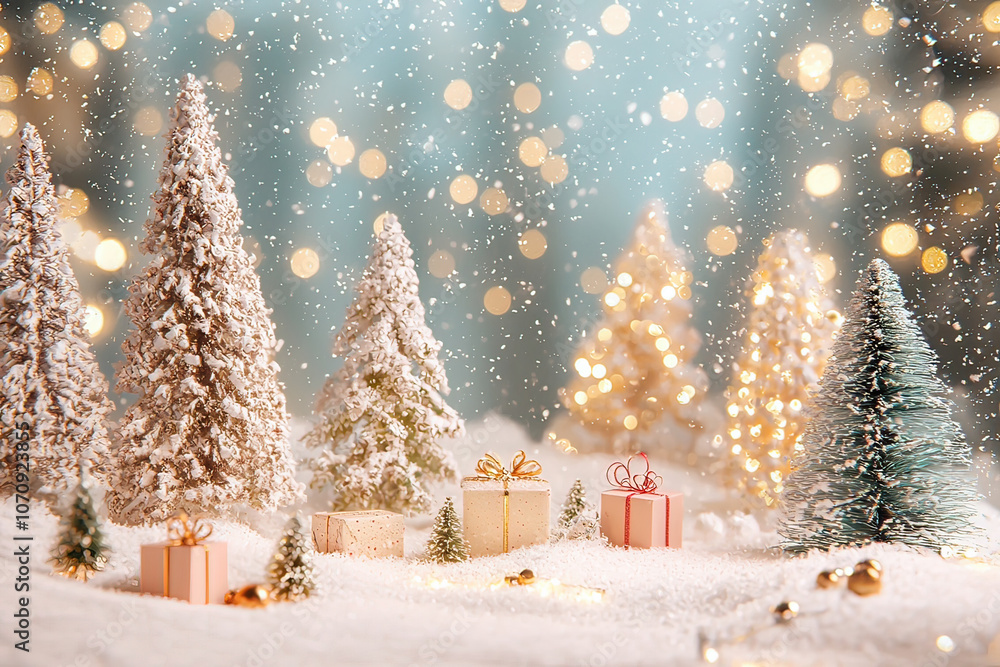 Enchanting winter wonderland scene with snow-covered trees, glowing fairy lights, and beautifully wrapped gifts. Ideal for Christmas cards, holiday ads, and festive decorations. Enchanting winter wonderland scene with snow-covered trees, glowing fairy lights, and beautifully wrapped gifts. Ideal for Christmas cards, holiday ads, and festive decorations.