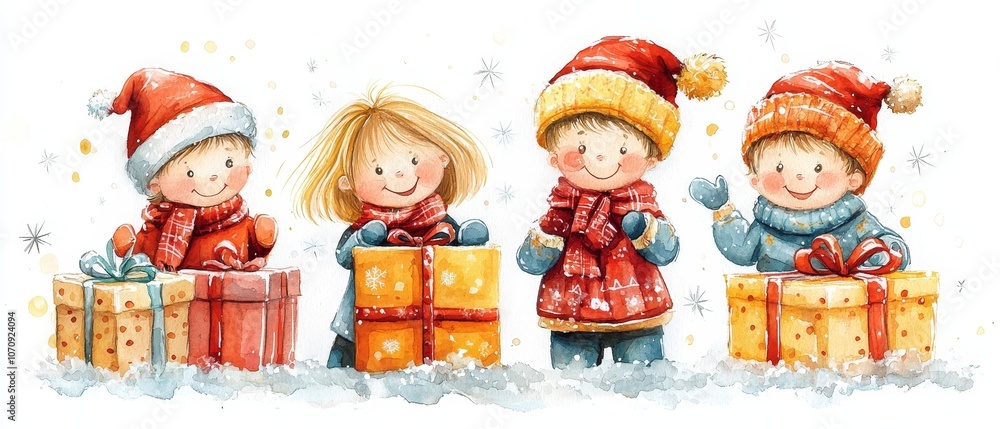 Obraz premium A cheerful illustration of four children in winter attire, joyfully holding colorful gift boxes against a snowy backdrop.