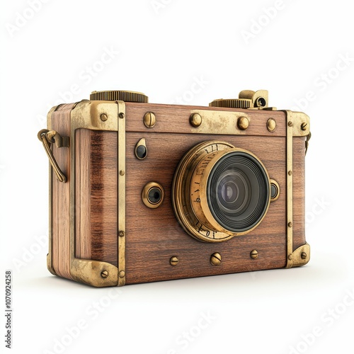 Antique wooden camera with brass accents.