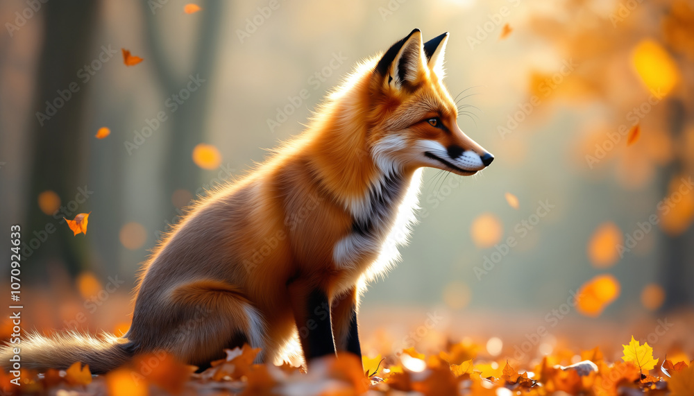Obraz premium a realistic depiction of a fox sitting amidst autumn leaves in a forest setting