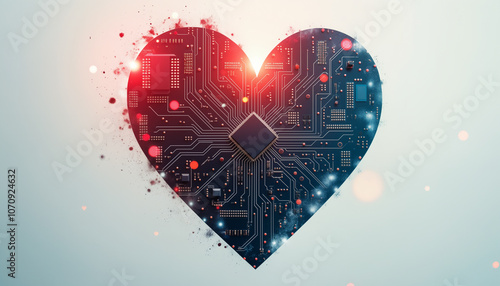 a heart-shaped circuit board with a vibrant red and blue color scheme