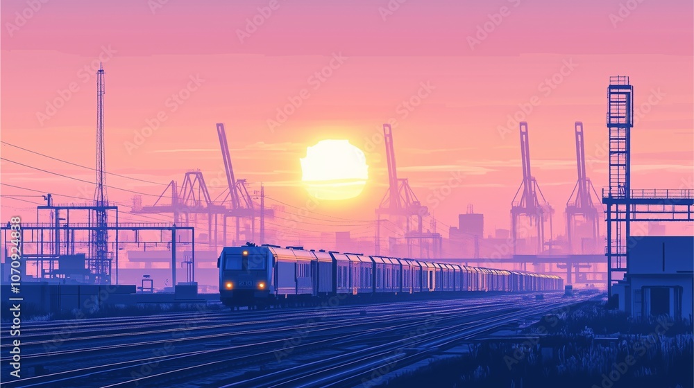 Obraz premium Rail and Port Connection with soft pastel gradients of dawn or dusk sky behind industrial port cranes, trains moving along tracks in the foreground, negative space for copy.