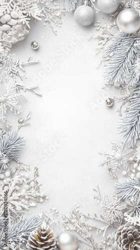 Vertical Christmas background. Luxurious winter frame with frosted pine branches, snowflakes, and silver ornaments on a white background—ideal for Christmas invitations, greeting cards, social media