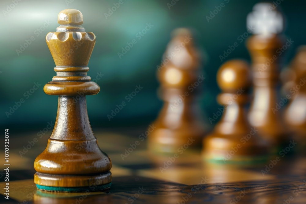 Chess pawn standing out among taller pieces, symbolizing leadership, bright focused lighting Chess pawn standing out among taller pieces, symbolizing leadership, bright focused lighting
