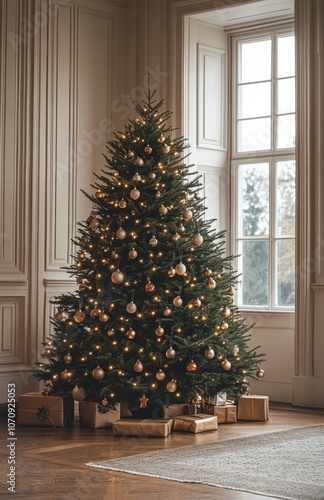 Beautifully Decorated Christmas Tree with Lights and Ornaments in Empty Room