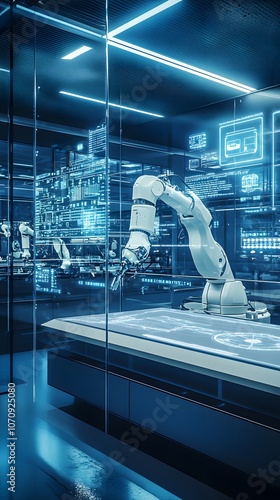 A futuristic laboratory with advanced robotic arms and holographic displays, showcasing the power of AI technology in industrial design and product development