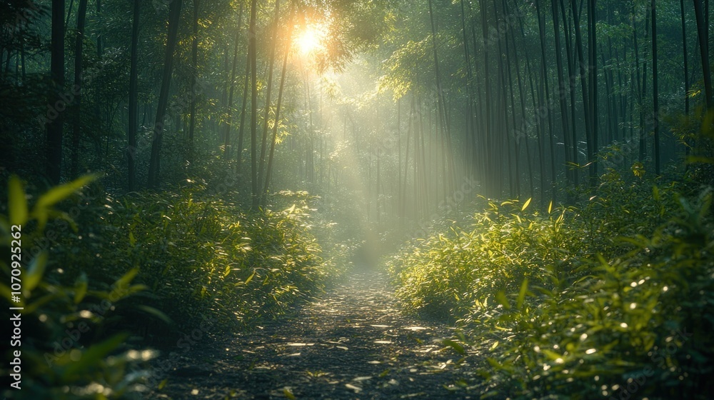 A sunlit path through a misty forest, leading the eye to a bright opening in the canopy. A sunlit path through a misty forest, leading the eye to a bright opening in the canopy.