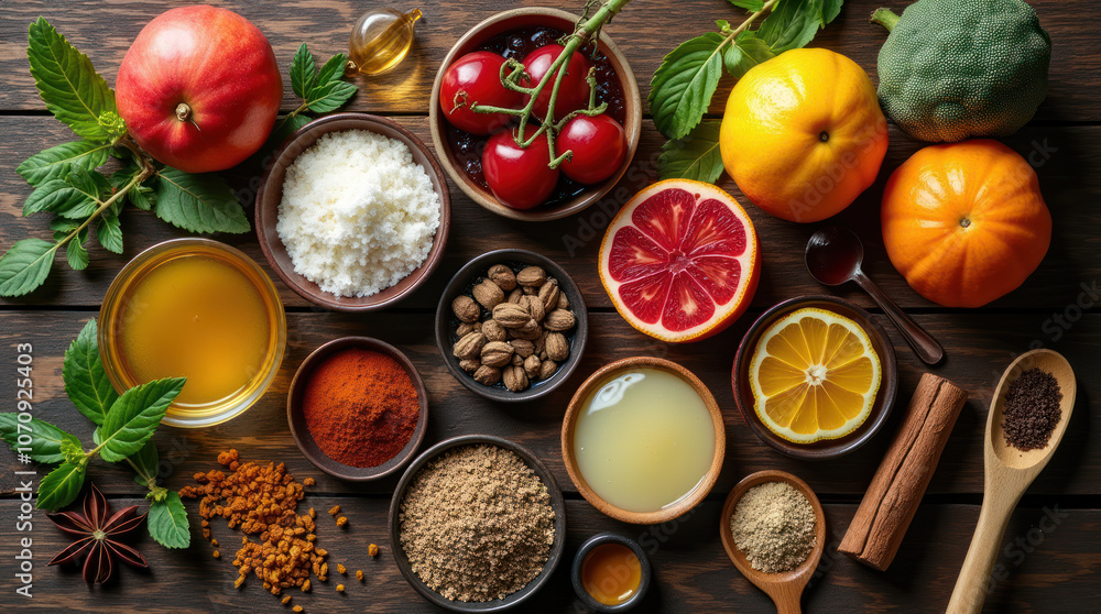 A vibrant top-down view of assorted herbs, fruits, and spices on wooden table A vibrant top-down view of assorted herbs, fruits, and spices on wooden table