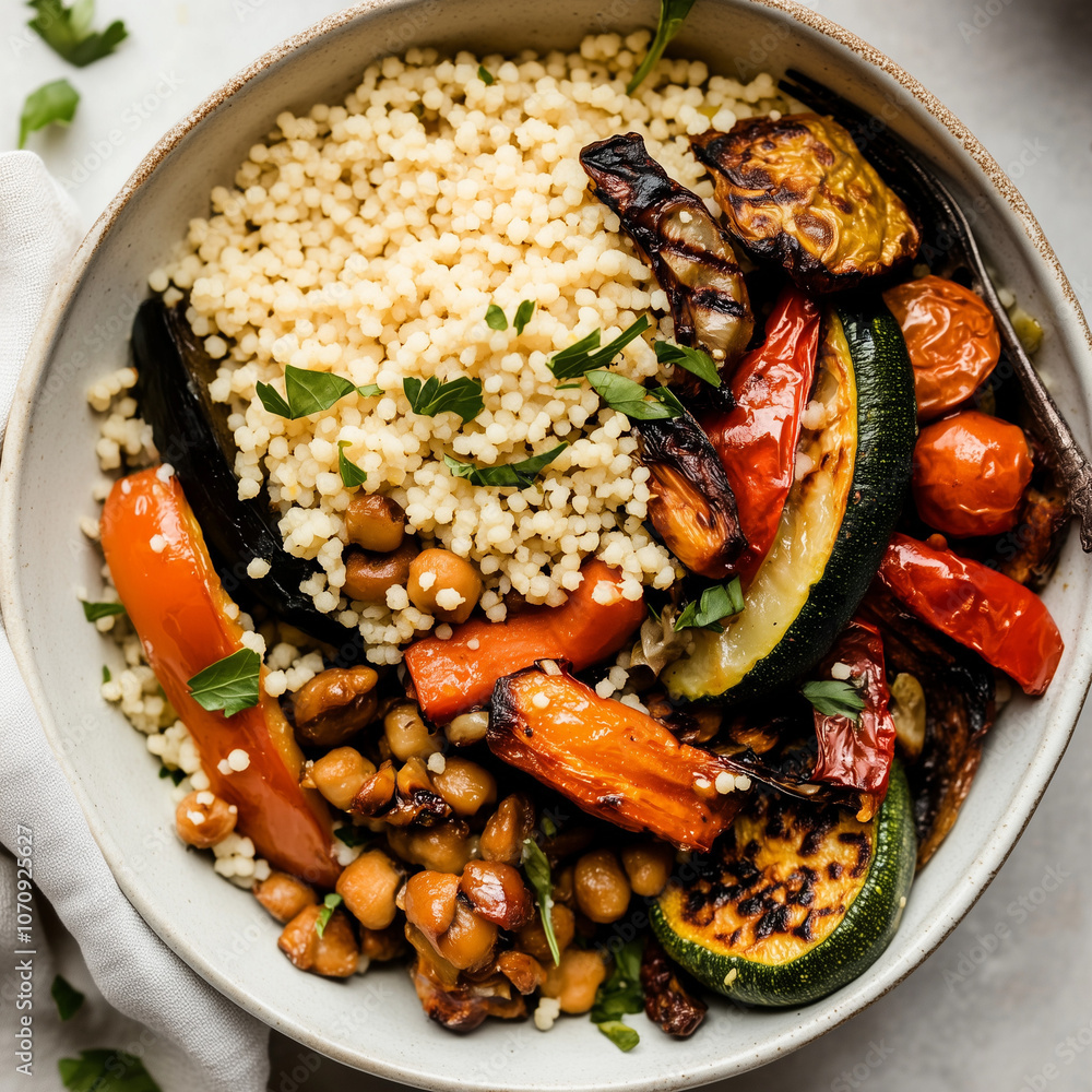 Couscous bowl with roasted vegetables and fresh basil Couscous bowl with roasted vegetables and fresh basil
